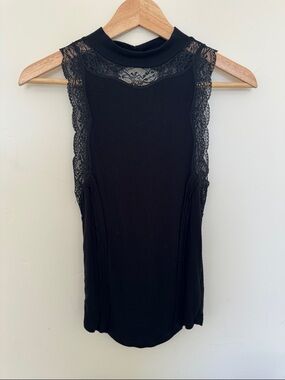 Free People Black Lace-Trim Mock Neck Tank Top
